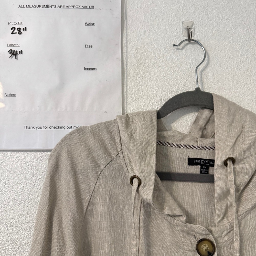 For Cynthia Woman 100% Linen Hooded Jacket 3X Beige Lagenlook Coastal Minimalist - Picture 7 of 7